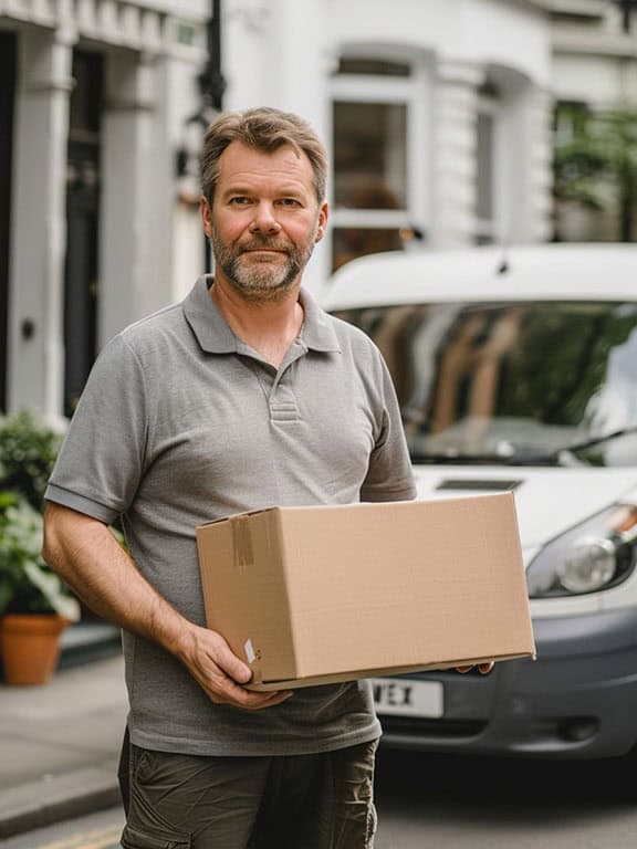 man in wearing gray polo shirt holding a box in front of a white van