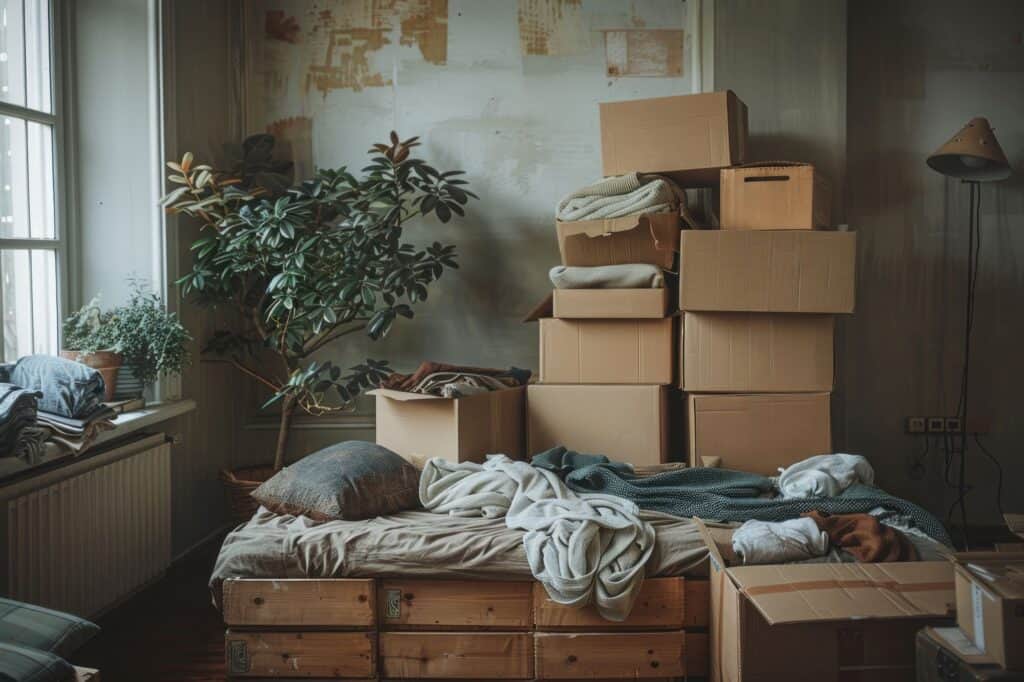 A room with boxes and clutter