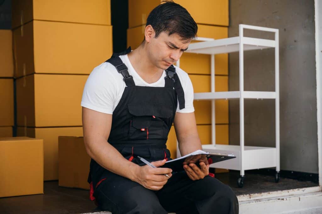 A uniformed mover inspecting the checklist