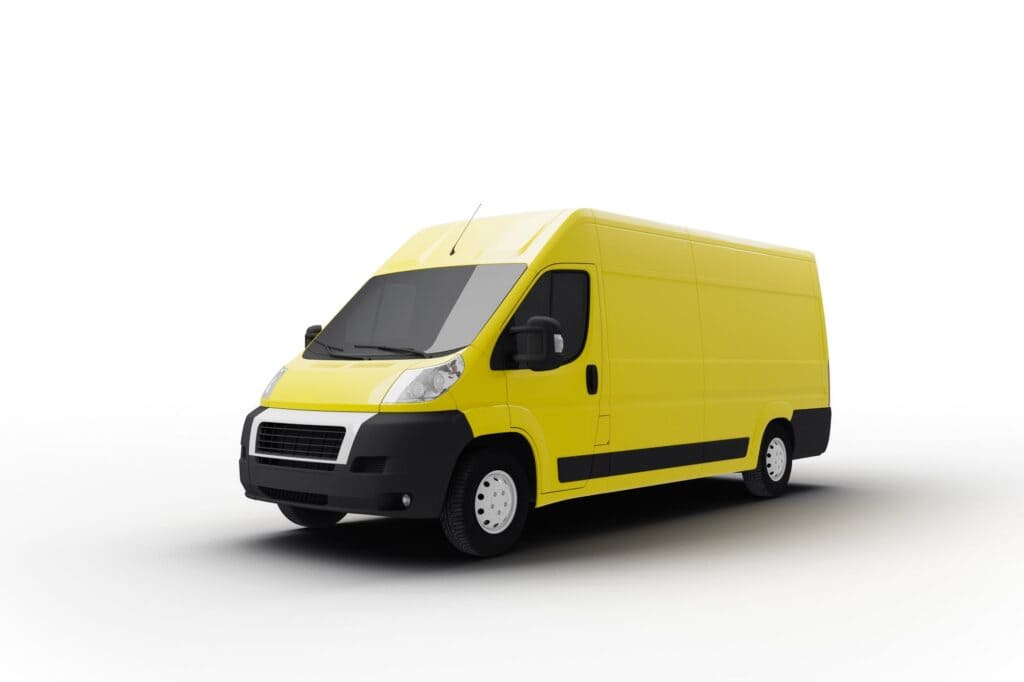 A yellow moving van