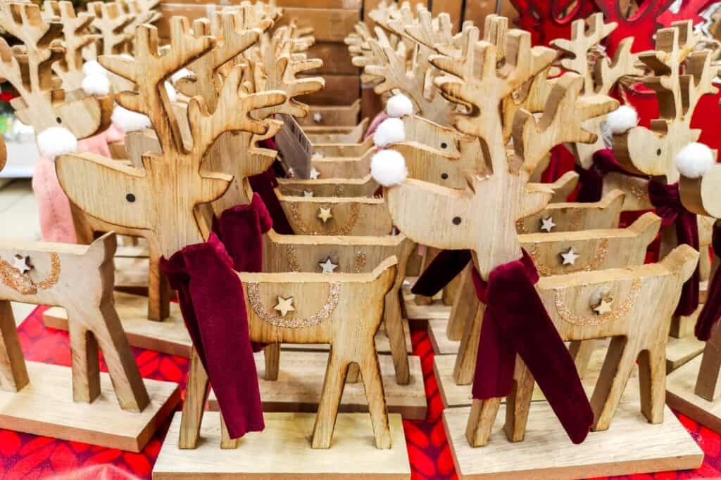 Wooden reindeer toys in a Christmas bazaar